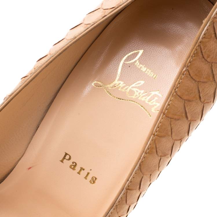 Pre Owned Christian Louboutin Beige Python Leather Block Heel Pumps Size 39.5