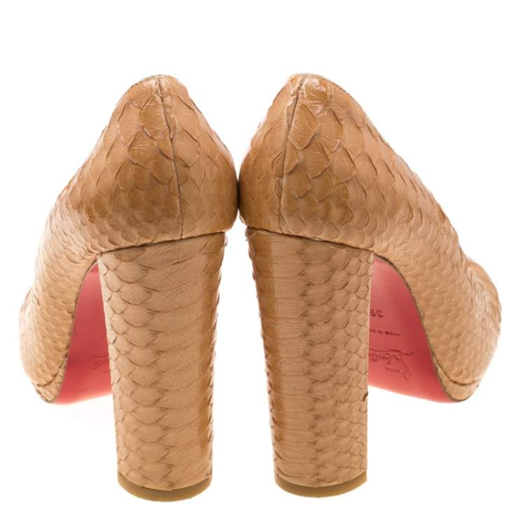 Pre Owned Christian Louboutin Beige Python Leather Block Heel Pumps Size 39.5