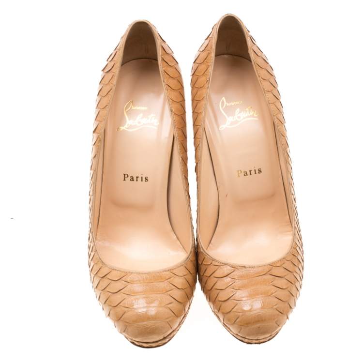 Pre Owned Christian Louboutin Beige Python Leather Block Heel Pumps Size 39.5