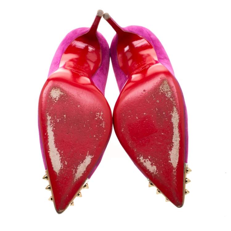 Pre Owned Christian Louboutin Pink Suede Geo Spike Studded Cap Toe Pumps Size 39.5