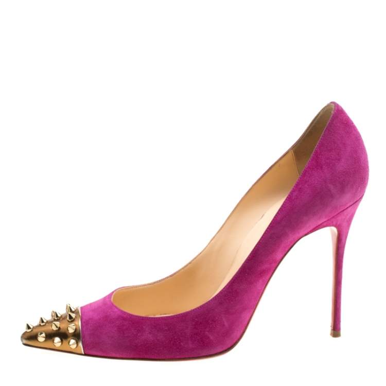 Pre Owned Christian Louboutin Pink Suede Geo Spike Studded Cap Toe Pumps Size 39.5