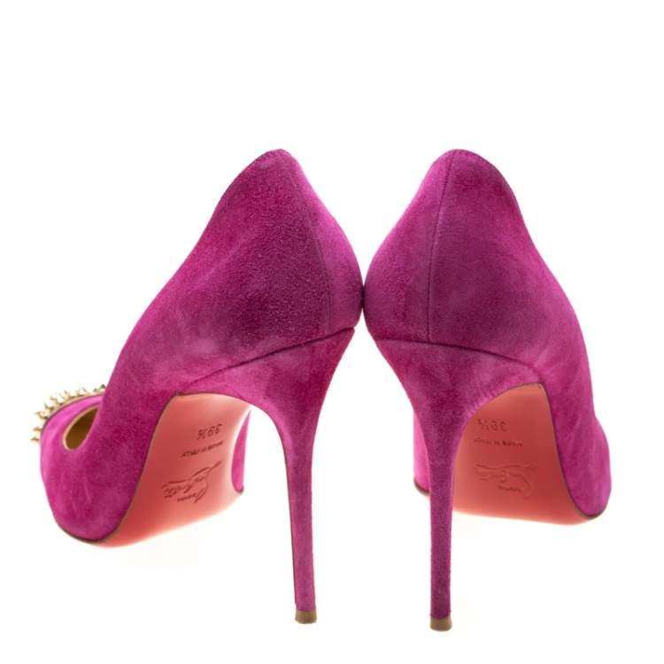 Pre Owned Christian Louboutin Pink Suede Geo Spike Studded Cap Toe Pumps Size 39.5