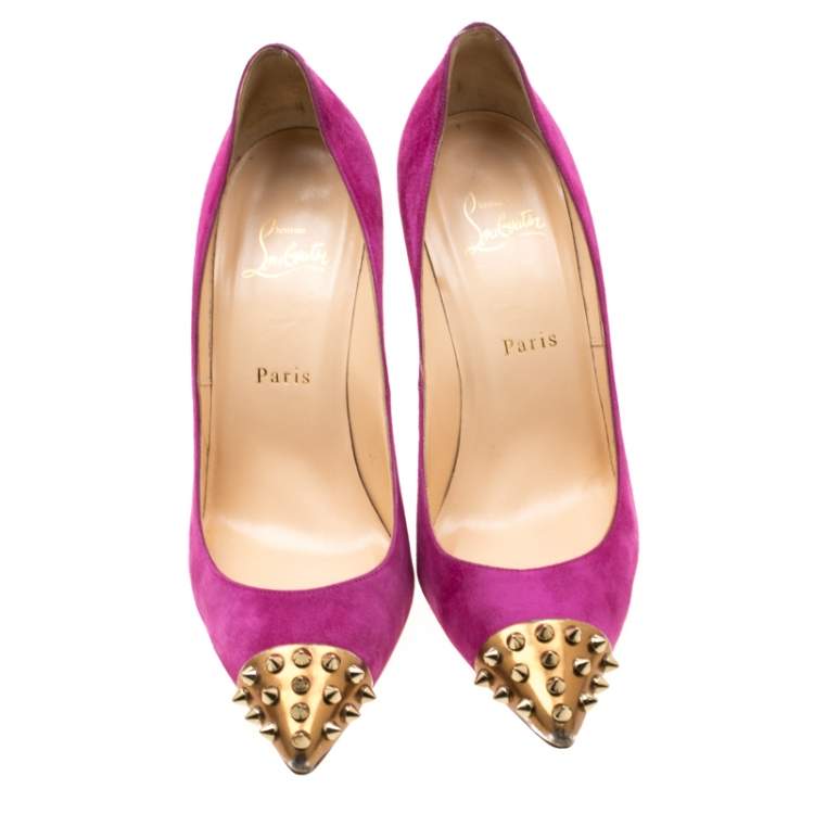 Pre Owned Christian Louboutin Pink Suede Geo Spike Studded Cap Toe Pumps Size 39.5