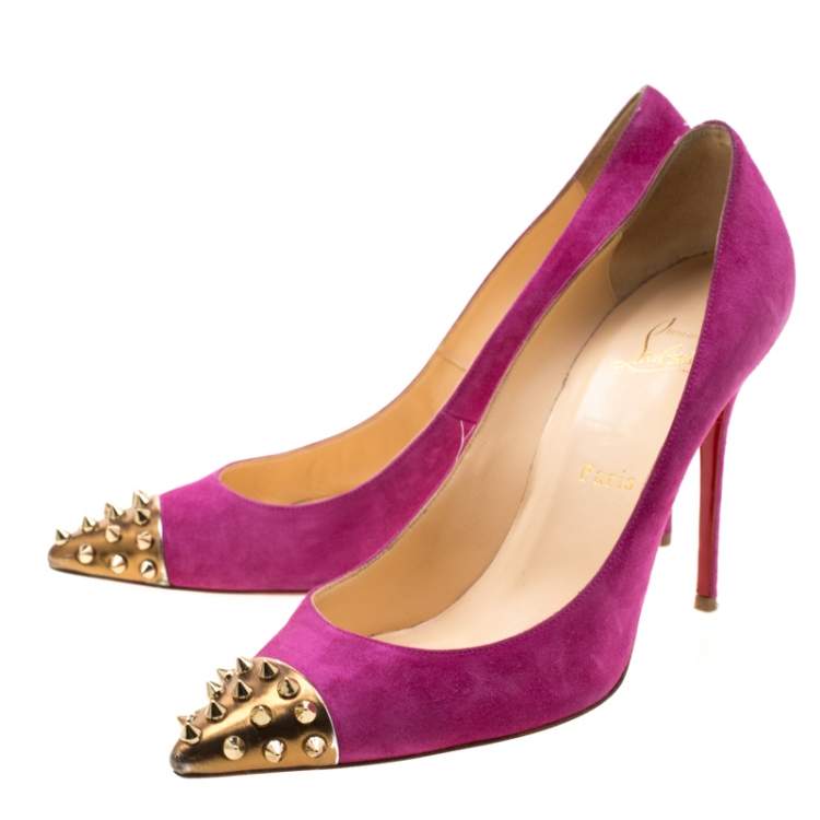 Pre Owned Christian Louboutin Pink Suede Geo Spike Studded Cap Toe Pumps Size 39.5