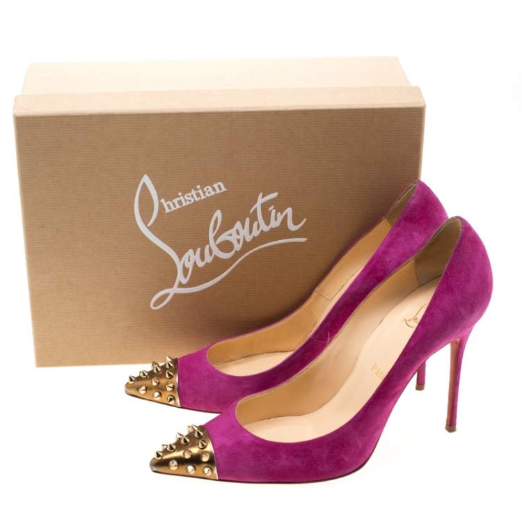 Pre Owned Christian Louboutin Pink Suede Geo Spike Studded Cap Toe Pumps Size 39.5