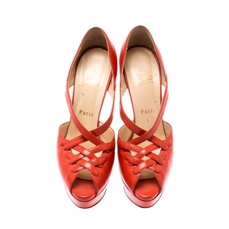 Pre Owned Christian Louboutin Orange Leather Platform Sandals Size 38.5