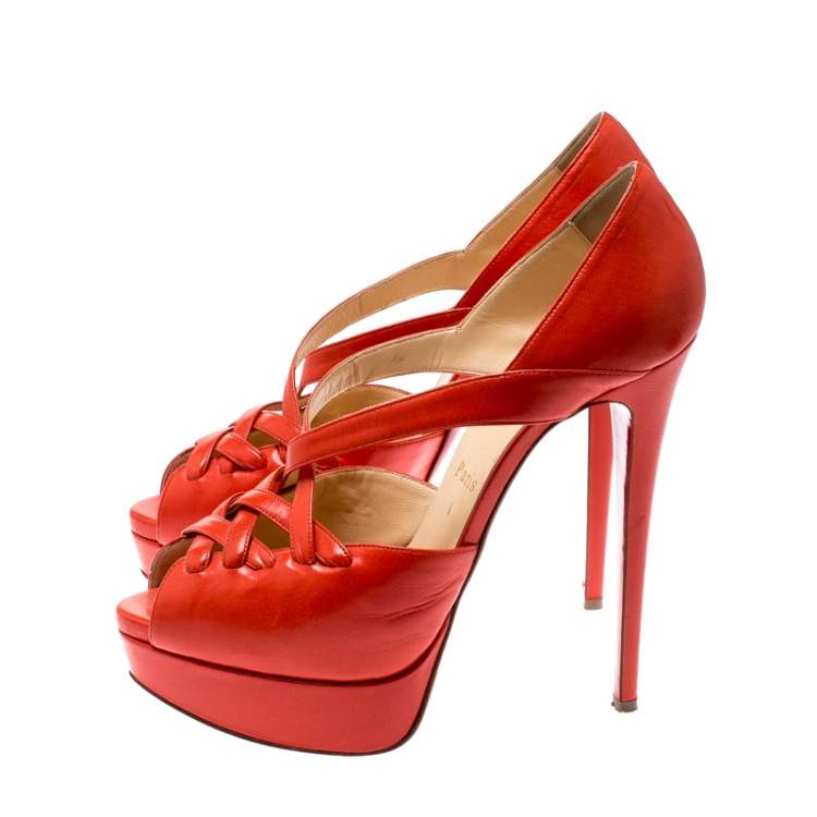 Pre Owned Christian Louboutin Orange Leather Platform Sandals Size 38.5