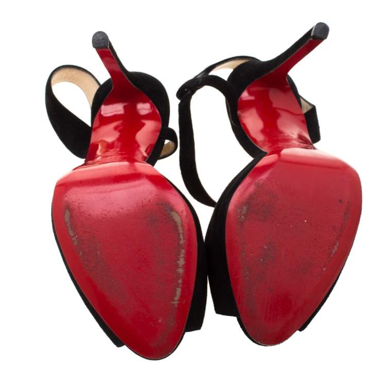 Pre Owned Christian Louboutin Black Suede Peep Toe Cross Strap Slingback Sandals Size 39