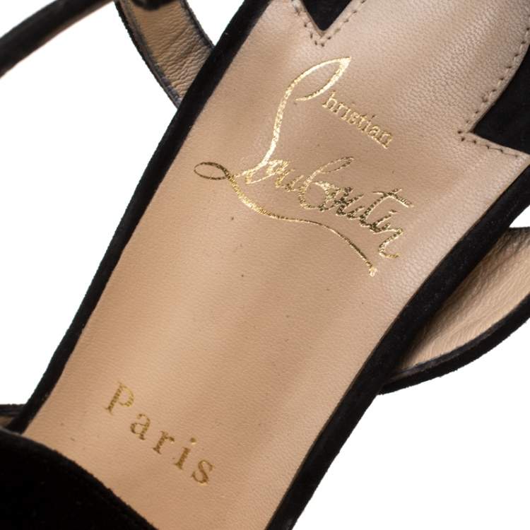 Pre Owned Christian Louboutin Black Suede Peep Toe Cross Strap Slingback Sandals Size 39