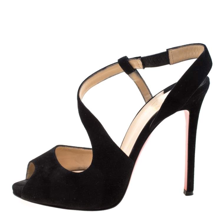 Pre Owned Christian Louboutin Black Suede Peep Toe Cross Strap Slingback Sandals Size 39