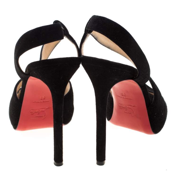 Pre Owned Christian Louboutin Black Suede Peep Toe Cross Strap Slingback Sandals Size 39