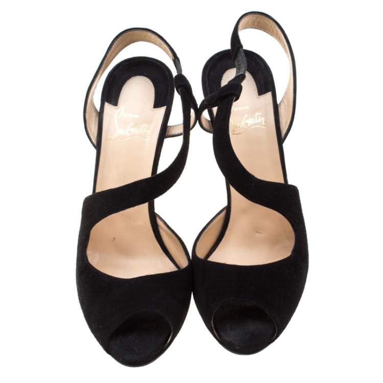 Pre Owned Christian Louboutin Black Suede Peep Toe Cross Strap Slingback Sandals Size 39
