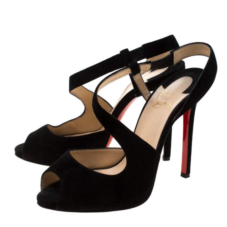 Pre Owned Christian Louboutin Black Suede Peep Toe Cross Strap Slingback Sandals Size 39