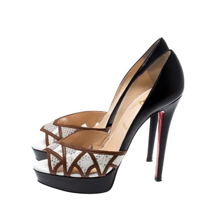 Pre Owned Christian Louboutin Python Trim And Leather Cut Out Peep Toe Pumps Size 40