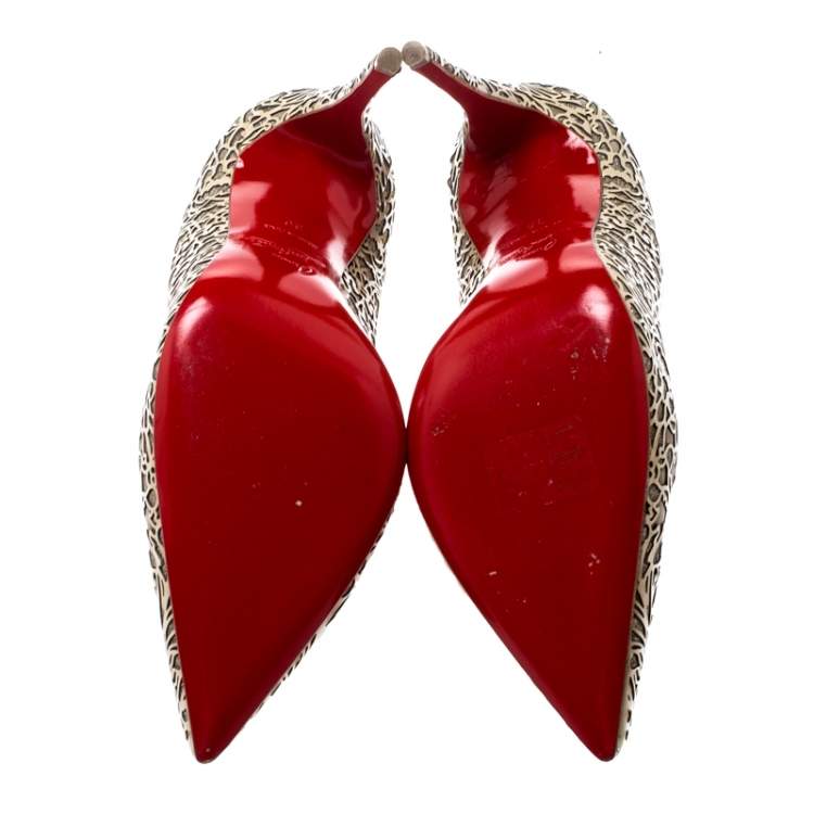 Pre Owned Christian Louboutin Beige Laser Cut Patent Leather And Glitter So Pretty Pointed Toe Pumps Size 36