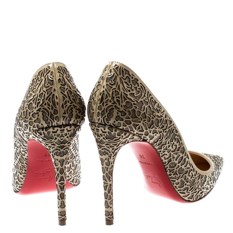 Pre Owned Christian Louboutin Beige Laser Cut Patent Leather And Glitter So Pretty Pointed Toe Pumps Size 36