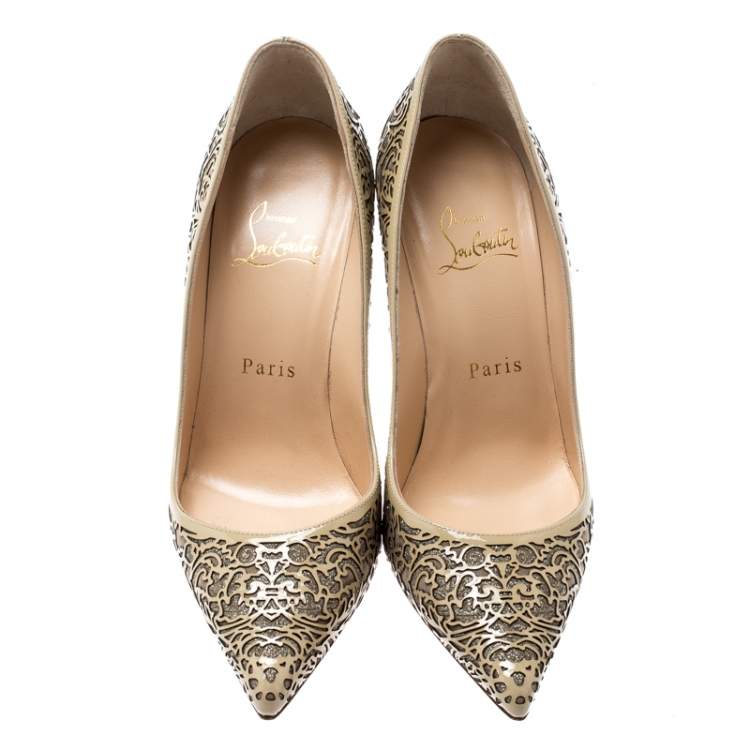 Pre Owned Christian Louboutin Beige Laser Cut Patent Leather And Glitter So Pretty Pointed Toe Pumps Size 36