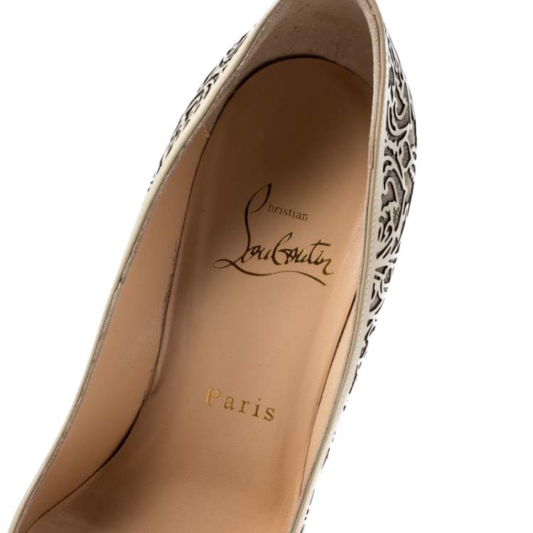 Pre Owned Christian Louboutin Beige Laser Cut Patent Leather And Glitter So Pretty Pointed Toe Pumps Size 36