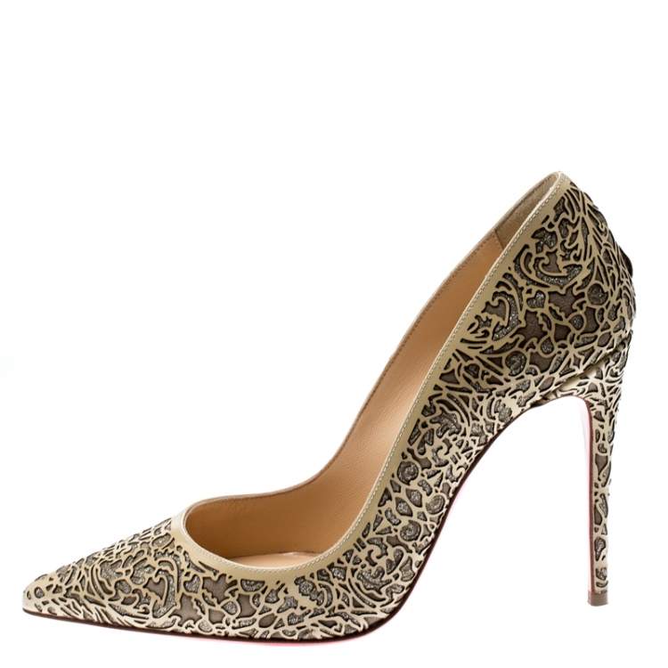 Pre Owned Christian Louboutin Beige Laser Cut Patent Leather And Glitter So Pretty Pointed Toe Pumps Size 36
