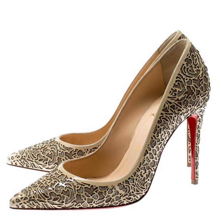 Pre Owned Christian Louboutin Beige Laser Cut Patent Leather And Glitter So Pretty Pointed Toe Pumps Size 36
