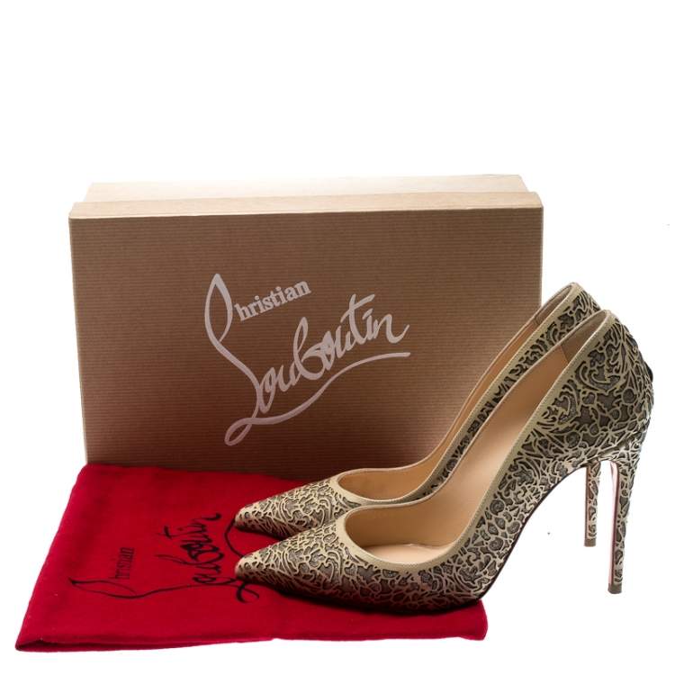 Pre Owned Christian Louboutin Beige Laser Cut Patent Leather And Glitter So Pretty Pointed Toe Pumps Size 36