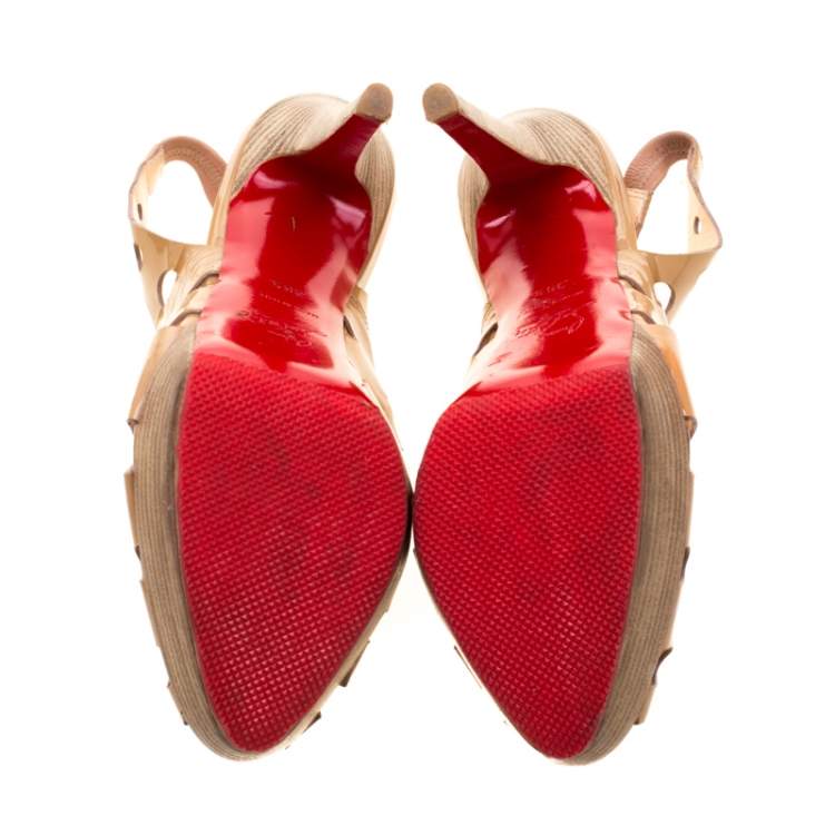 Pre Owned Christian Louboutin Beige Patent Leather Ginza Platform Slingback Sandals Size 38.5
