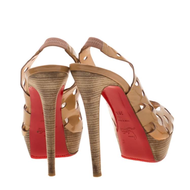 Pre Owned Christian Louboutin Beige Patent Leather Ginza Platform Slingback Sandals Size 38.5