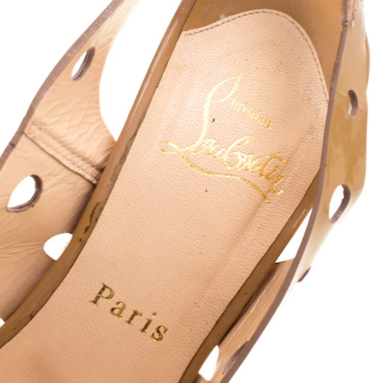 Pre Owned Christian Louboutin Beige Patent Leather Ginza Platform Slingback Sandals Size 38.5
