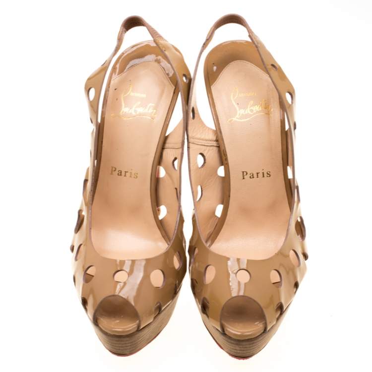 Pre Owned Christian Louboutin Beige Patent Leather Ginza Platform Slingback Sandals Size 38.5