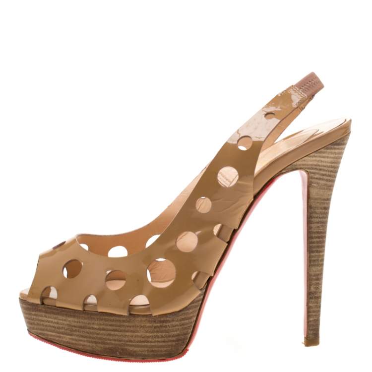 Pre Owned Christian Louboutin Beige Patent Leather Ginza Platform Slingback Sandals Size 38.5