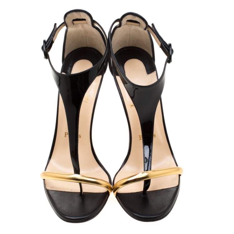 Pre Owned Christian Louboutin Leopard Print Pony Hair And Patent Leather Athena Alta T-Strap Open Toe Sandals Size 38.5