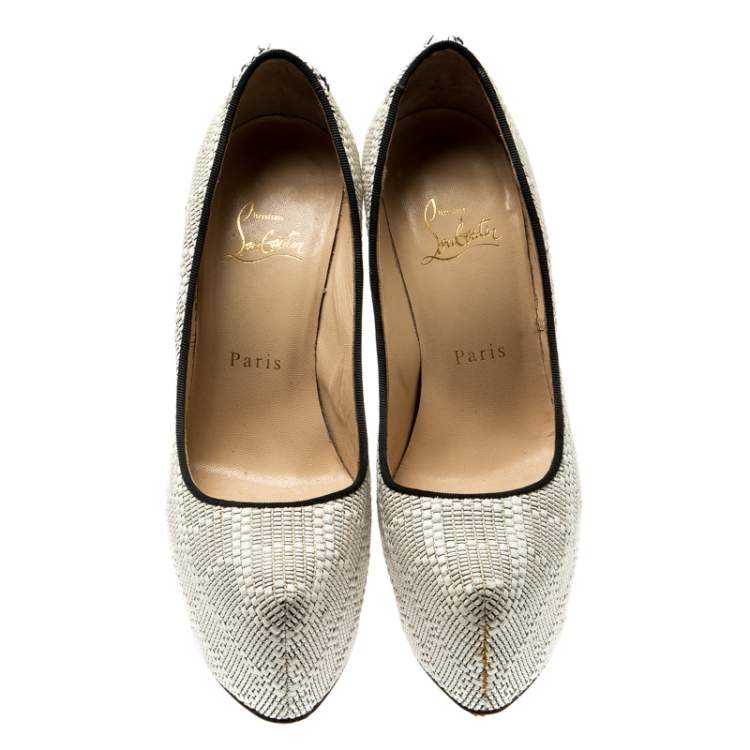 Pre Owned Christian Loboutin White Raffia Daffodile Platform Pumps Size 36.5
