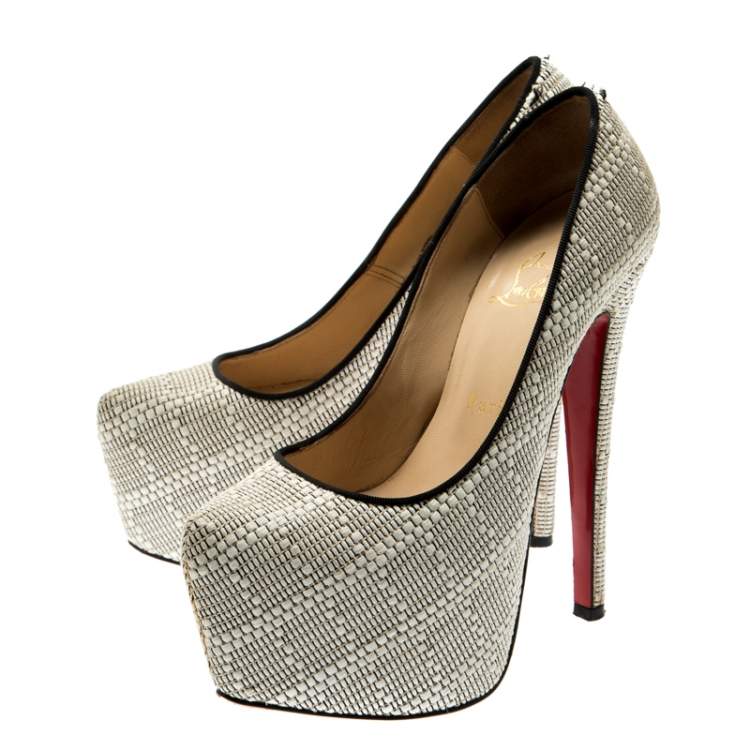 Pre Owned Christian Loboutin White Raffia Daffodile Platform Pumps Size 36.5