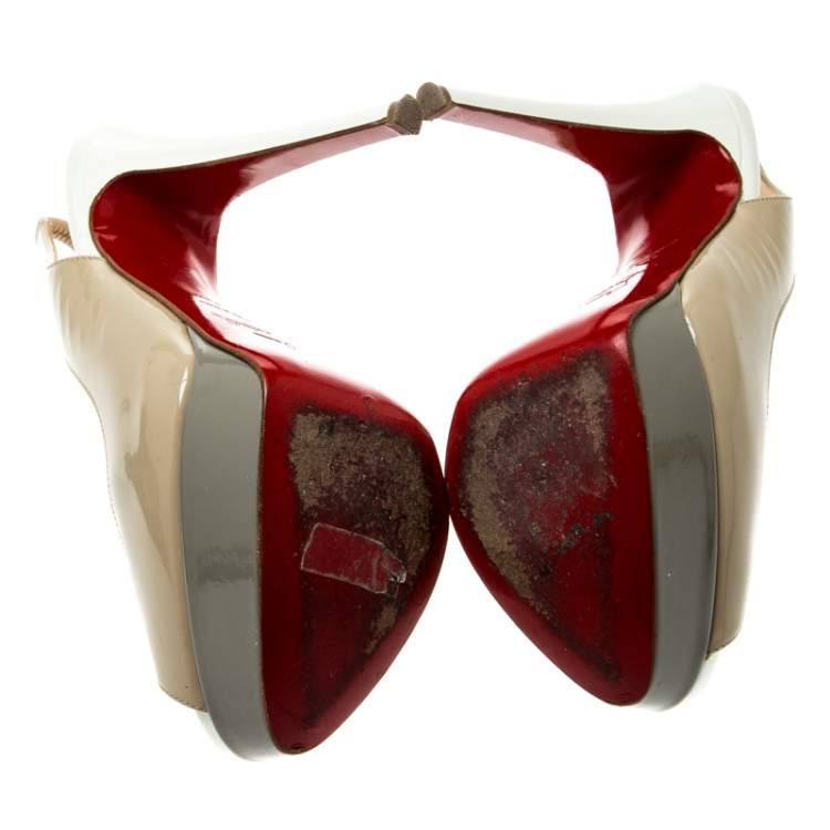 Pre Owned Christian Louboutin Tricolor Patent Leather Private Number Peep Toe Slingback Sandals Size 35.5