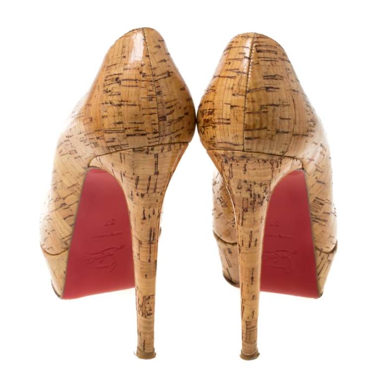 Pre Owned Christian Louboutin Beige Cork Bianca Platform Pumps Size 37