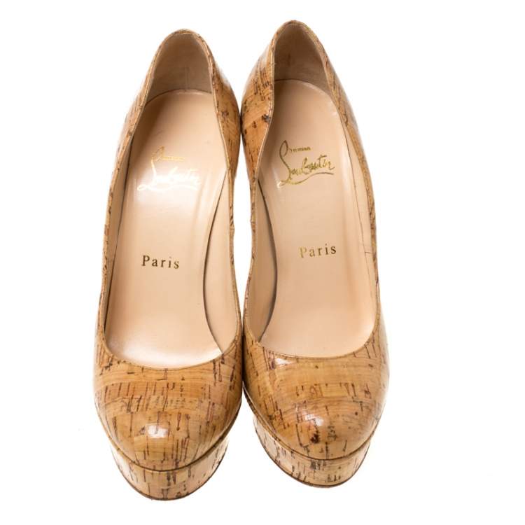 Pre Owned Christian Louboutin Beige Cork Bianca Platform Pumps Size 37