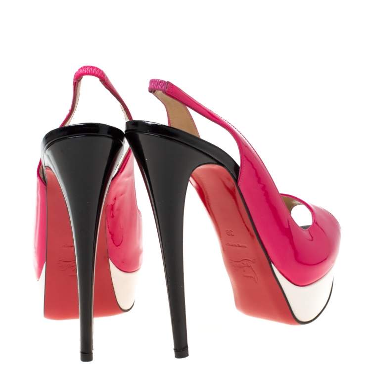 Pre Owned Christian Louboutin Multicolor Patent Leather Lady Peep Toe Platform Slingback Sandals Size 39