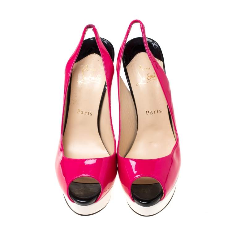 Pre Owned Christian Louboutin Multicolor Patent Leather Lady Peep Toe Platform Slingback Sandals Size 39
