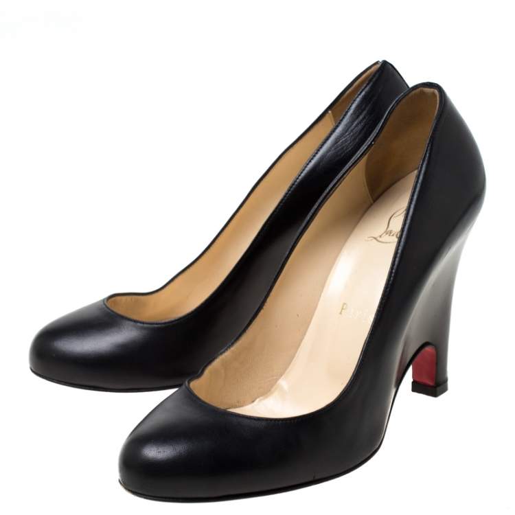 Pre Owned Christian Louboutin Black Leather Wedge Pumps Size 38