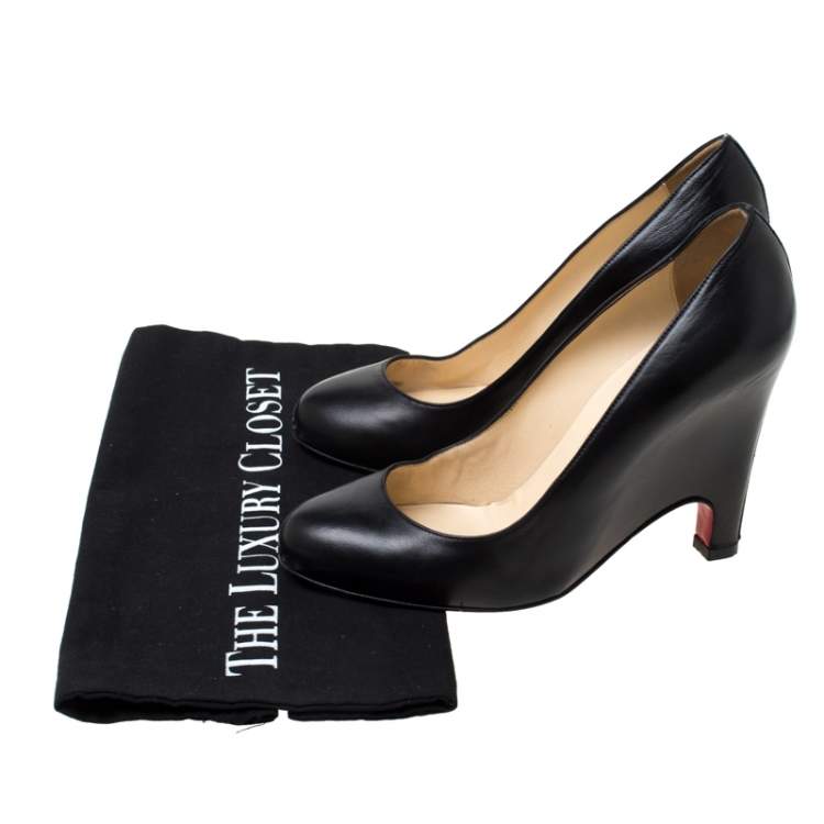 Pre Owned Christian Louboutin Black Leather Wedge Pumps Size 38