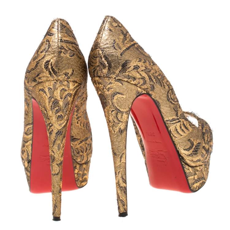 Pre Owned Christian Louboutin Gold Brocade Fabric Lady Peep Toe Platform Pumps Size 38.5
