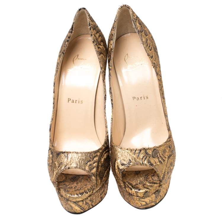 Pre Owned Christian Louboutin Gold Brocade Fabric Lady Peep Toe Platform Pumps Size 38.5