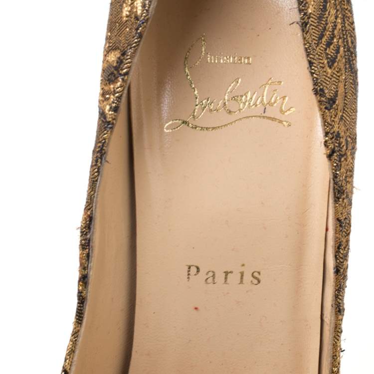 Pre Owned Christian Louboutin Gold Brocade Fabric Lady Peep Toe Platform Pumps Size 38.5