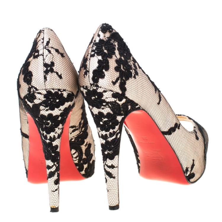 Pre Owned Christian Louboutin Black/Light Pink Lace and Satin Very Prive Peep Toe Pumps Size 38