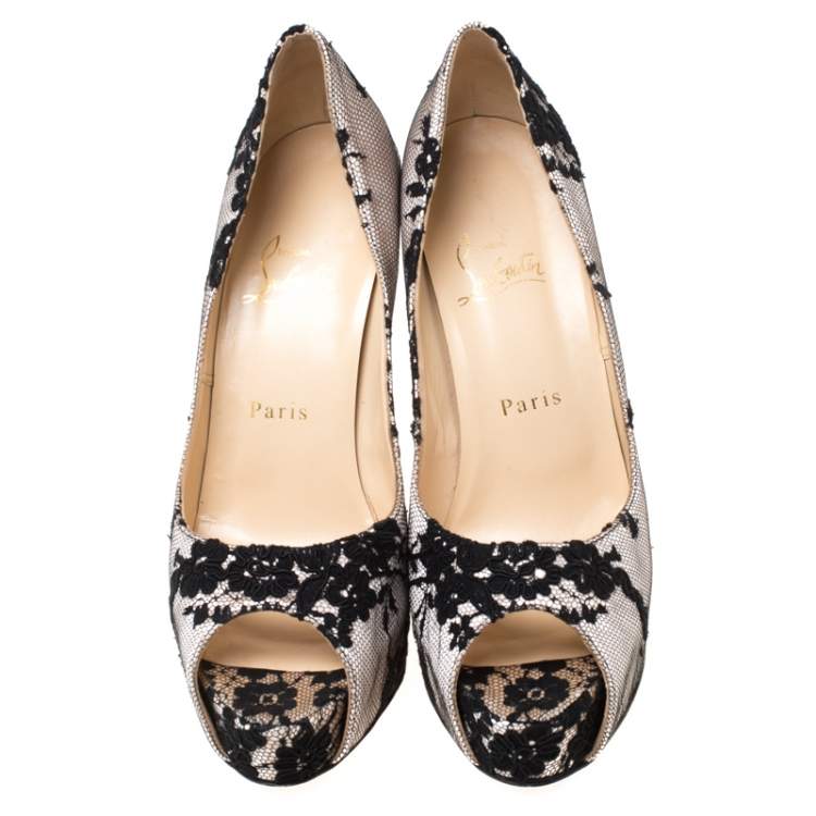 Pre Owned Christian Louboutin Black/Light Pink Lace and Satin Very Prive Peep Toe Pumps Size 38