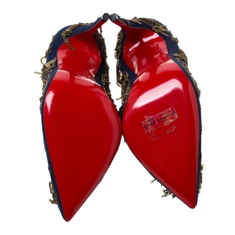 Pre Owned Christian Louboutin Blue Suede Doly Party Chain Embellished Pointed Toe Pumps Size 38.5