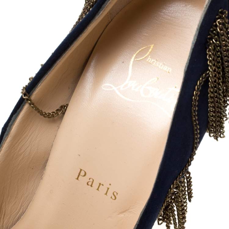 Pre Owned Christian Louboutin Blue Suede Doly Party Chain Embellished Pointed Toe Pumps Size 38.5