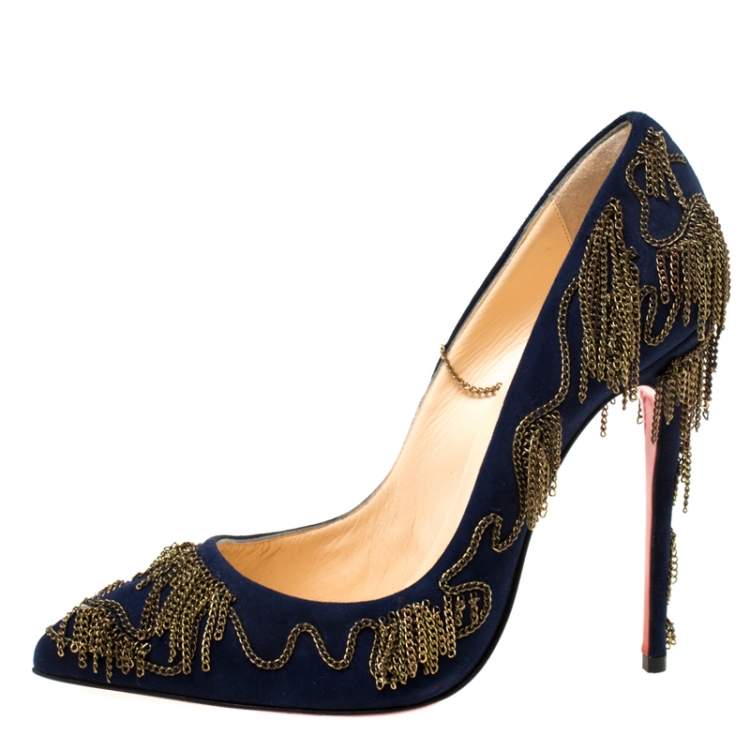 Pre Owned Christian Louboutin Blue Suede Doly Party Chain Embellished Pointed Toe Pumps Size 38.5