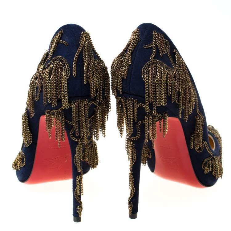 Pre Owned Christian Louboutin Blue Suede Doly Party Chain Embellished Pointed Toe Pumps Size 38.5