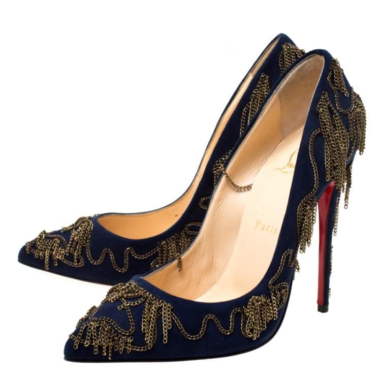 Pre Owned Christian Louboutin Blue Suede Doly Party Chain Embellished Pointed Toe Pumps Size 38.5